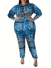 Sexy Jumpsuit Women's Plus Patchwork Print Button Up Long Sleeve