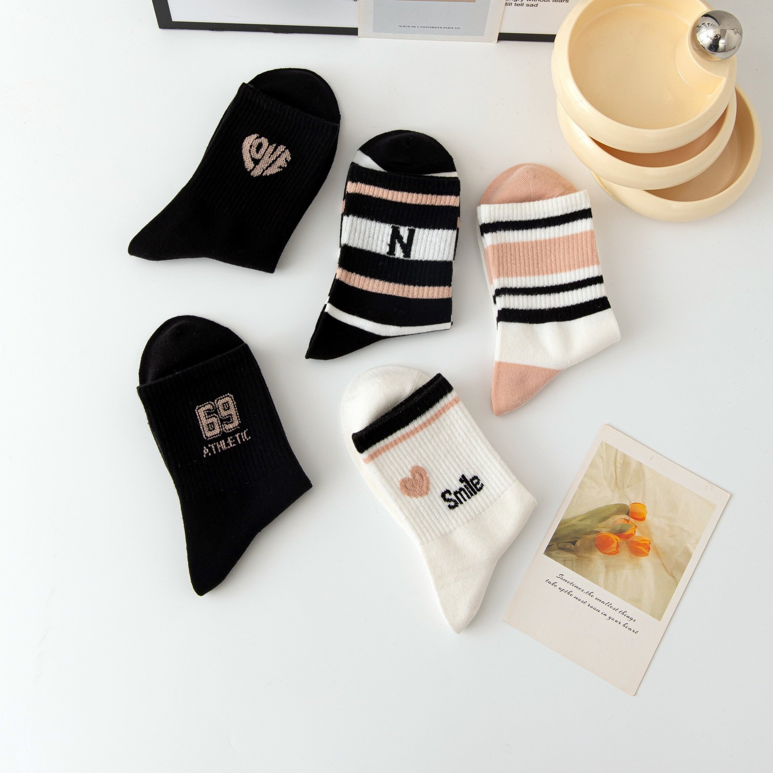 5 Pairs Striped & Heart Print Socks, Comfy Mid Tube Stockings