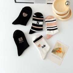 5 Pairs Striped & Heart Print Socks, Comfy Mid Tube Stockings