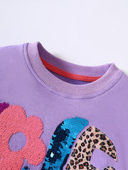 Girls Sequin Applique Crew Neck Sweatshirt Casual Fit Autumn Tops
