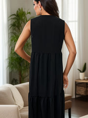 Boho Ruched Tie Front Maxi Dress Casual V Neck Sleeveless Solid