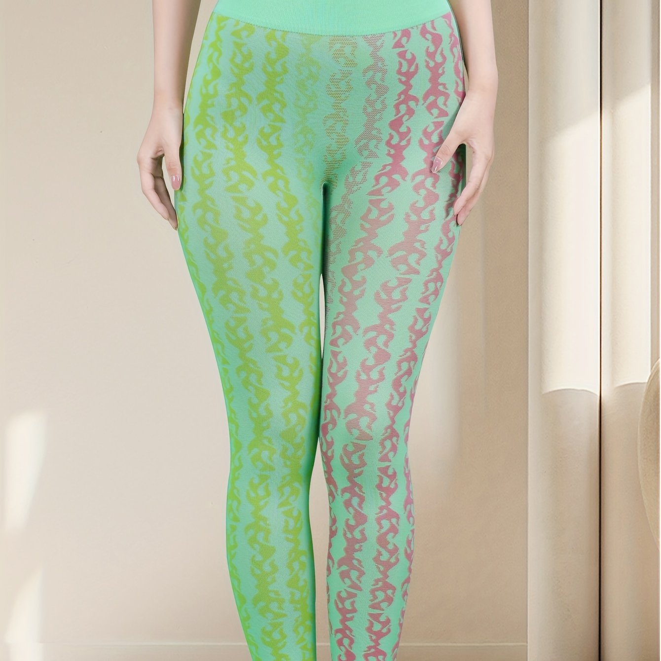 Two Tone Jacquard High Waist Butt Lifting Leggings Tummy Control Yoga Pants