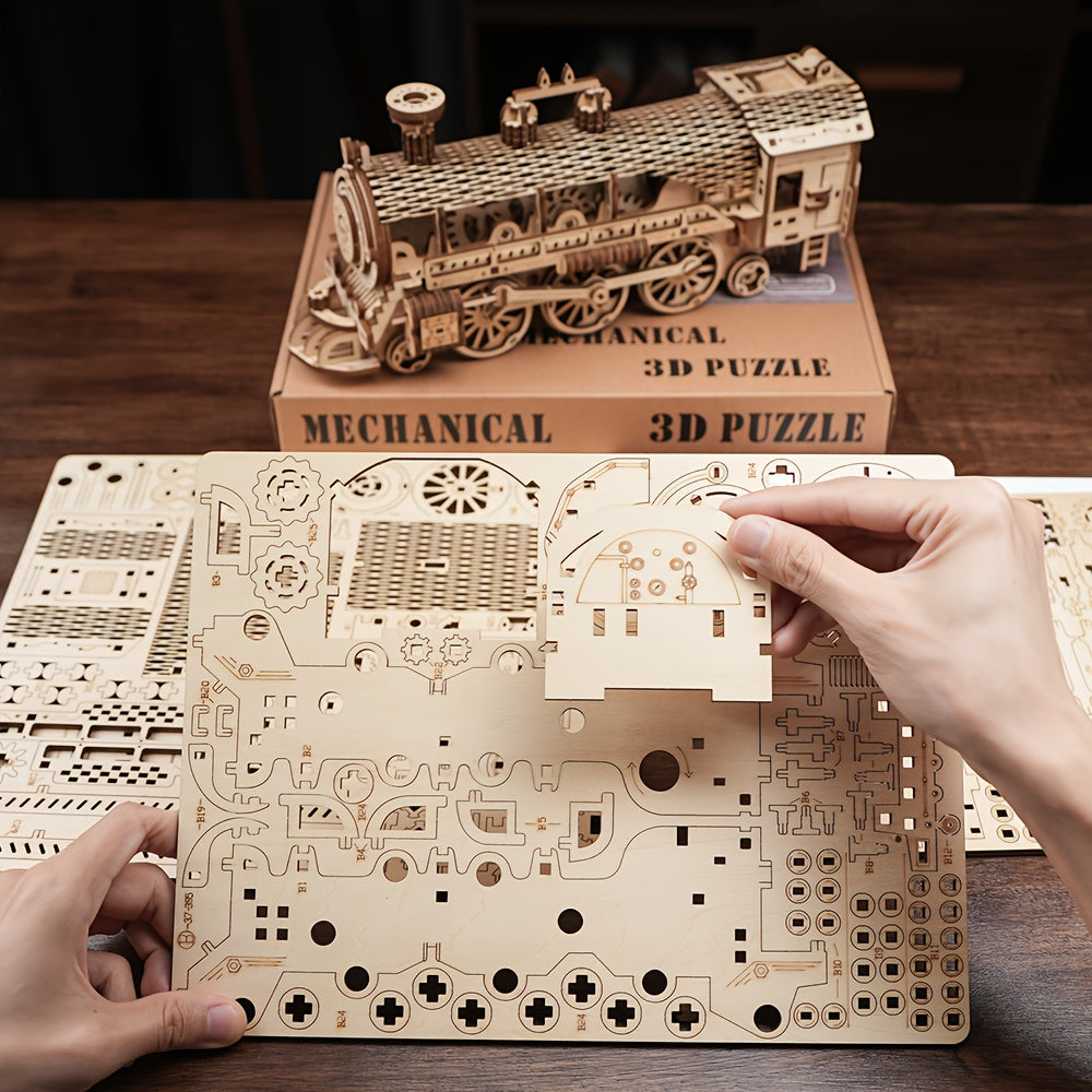 3D Wooden Train Model Puzzle DIY Handcrafted Building Block Kit