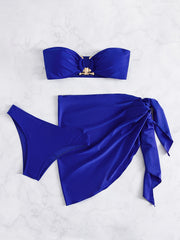 Metal U Ring Bandeau Navy Bikini Set with Cover Up