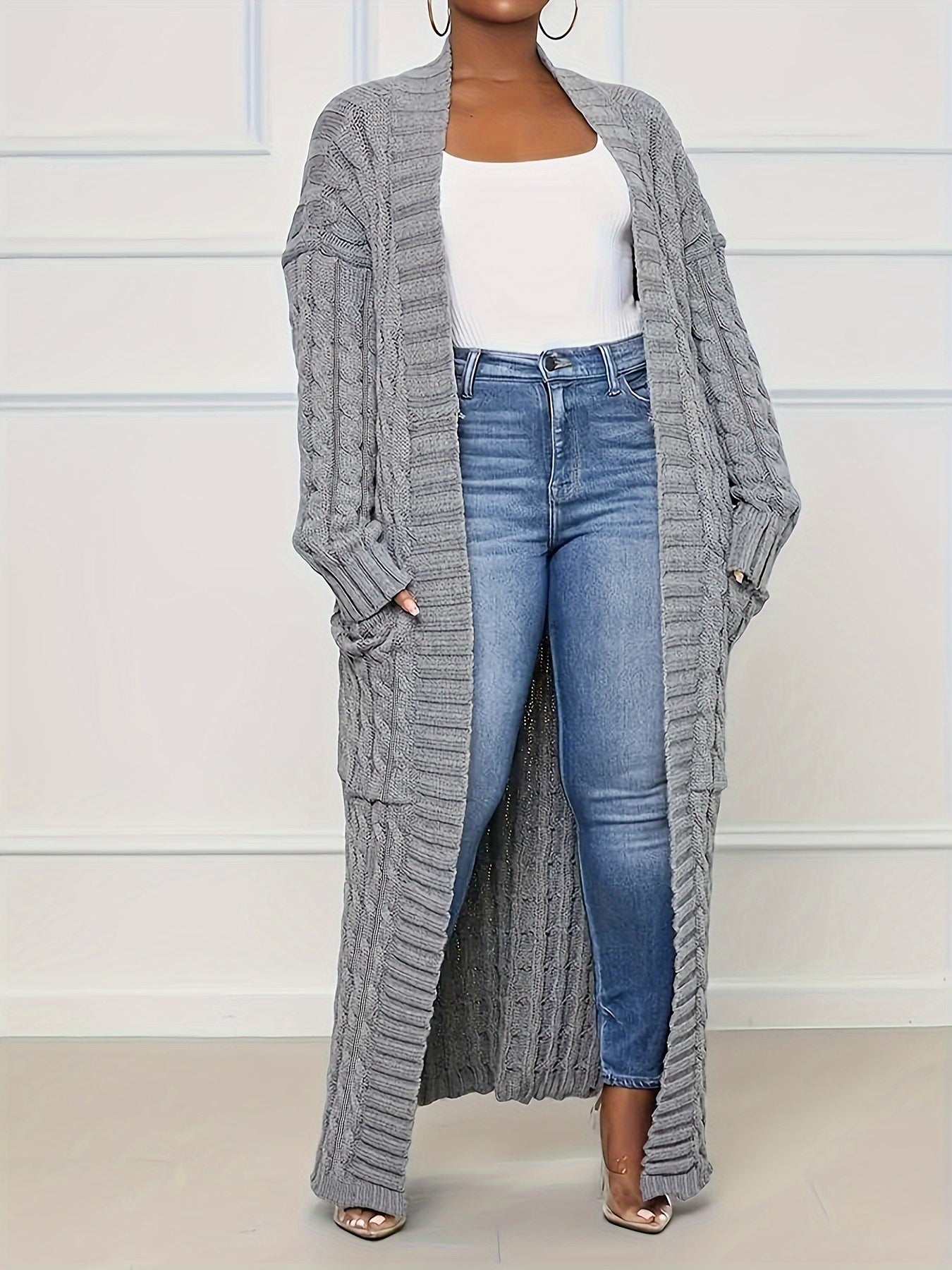 Longline Pocket Sweater Cardigan Women's Plus Medium Stretch Jacquard