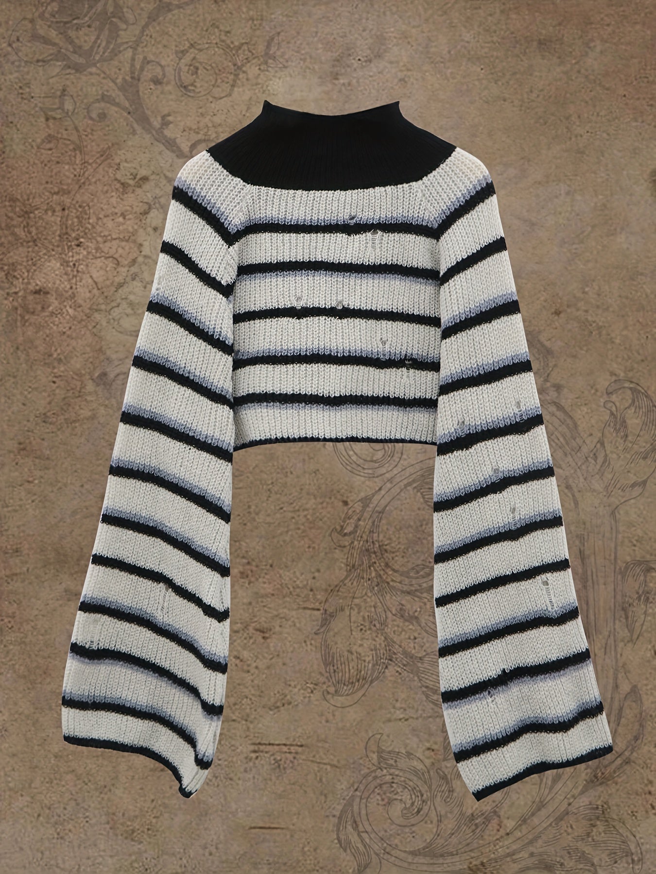 Y2K Sweater Women's Plus Striped Bell Sleeve Mock Neck