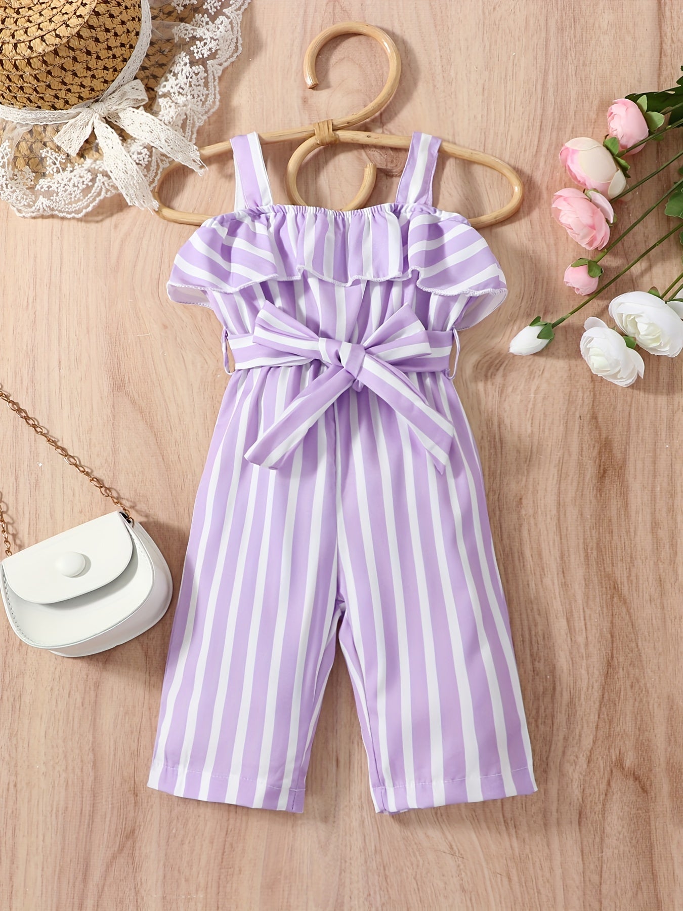 Baby Girls Striped Ruffled Overalls With Belt