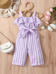 Baby Girls Striped Ruffled Overalls With Belt