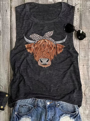 Cow Head Print Tank Top Sleeveless Crew Neck Casual Tops