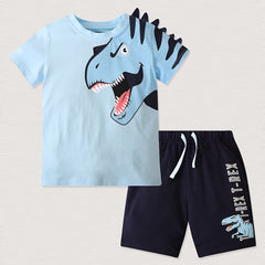 Boys Dino Print T Shirt & Shorts Set, Summer Ready, Cotton