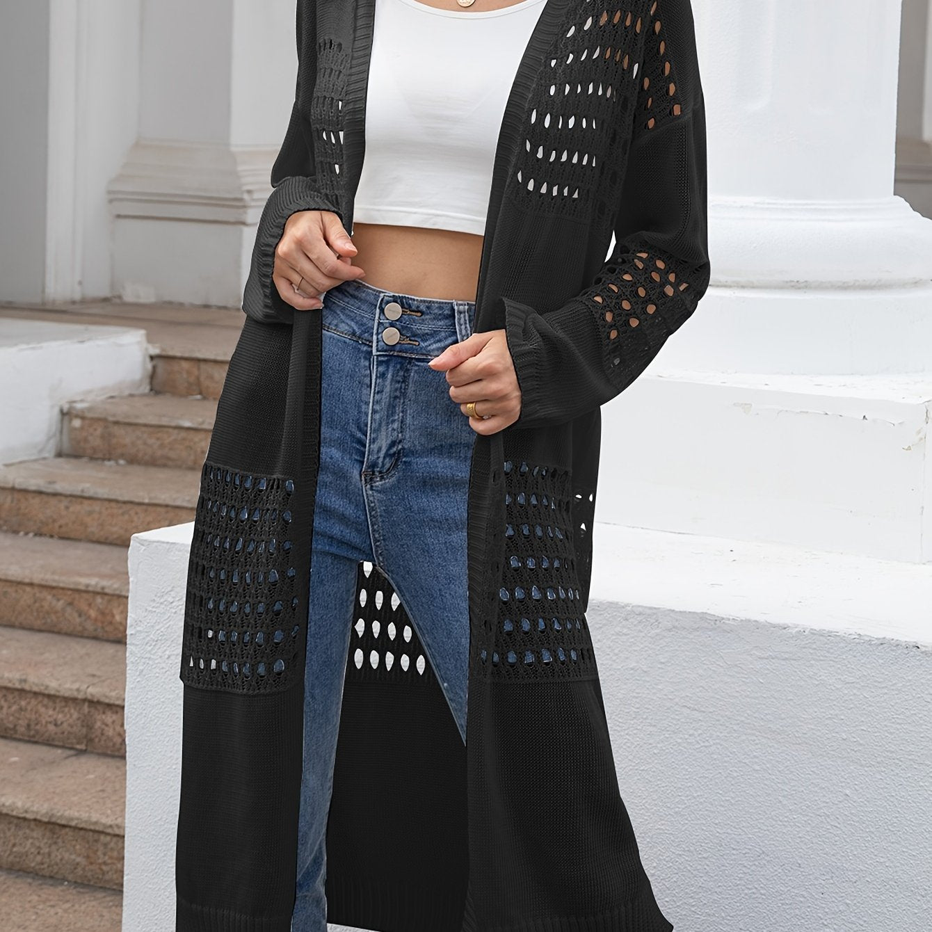 Eyelet Embroidered Long Sleeve Open Front Cardigan