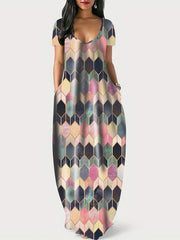 Colorblock Geometric Print V Neck Maxi Dress