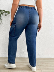 High Stretch Cargo Jeans Elastic Waist Plus Drawstring Retro
