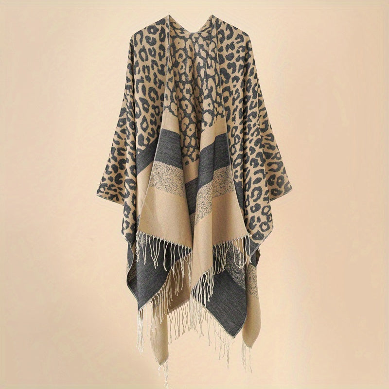 Leopard Print Striped Shawl Warm Windproof Fringed Shawl Wrap