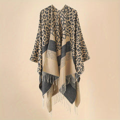Leopard Print Striped Shawl Warm Windproof Fringed Shawl Wrap