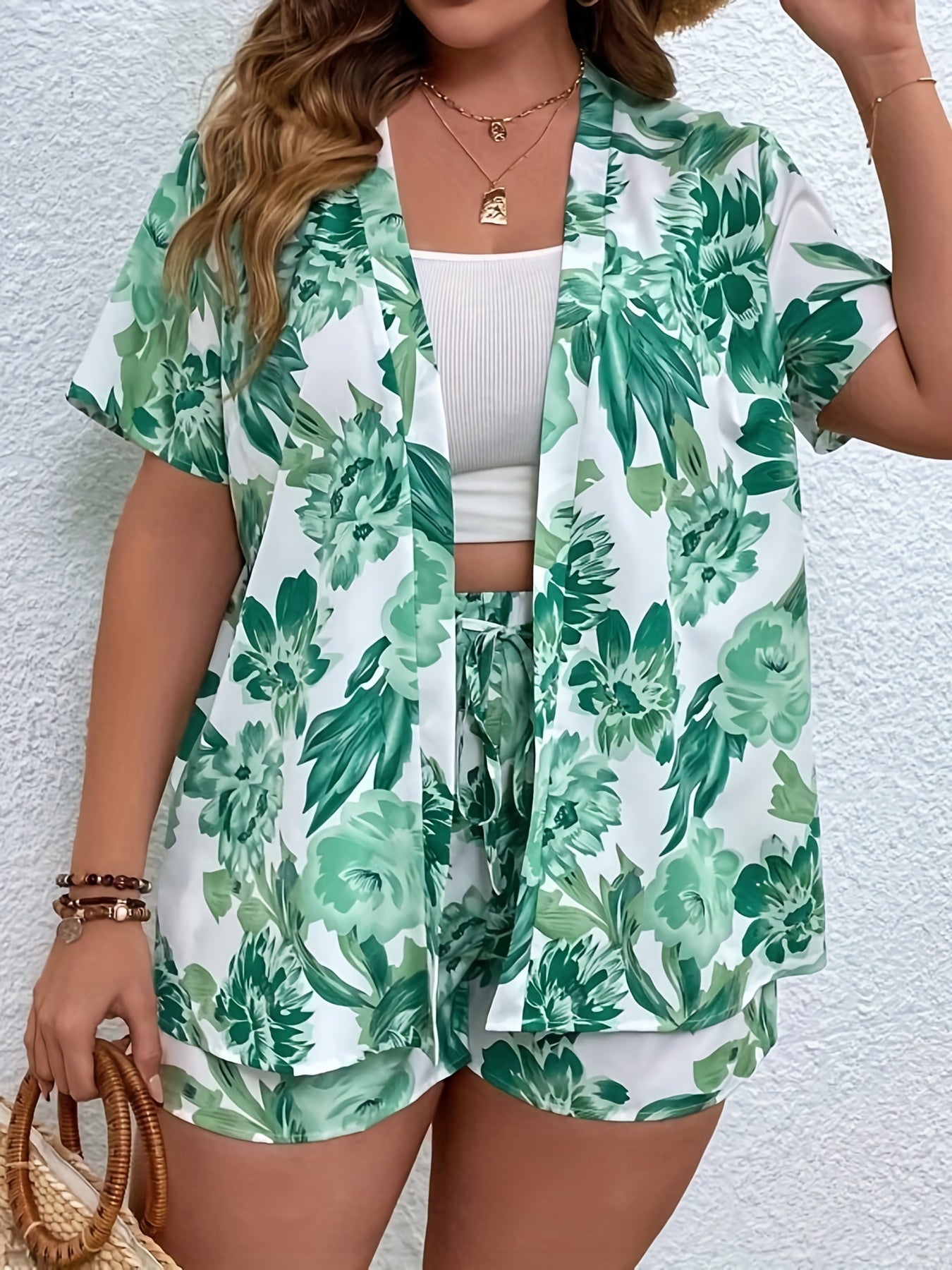 Women's Plus Tropical Print Shirt & Shorts Set