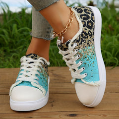 Leopard Colorblock Sneakers Lace Up Low Top Canvas Shoes
