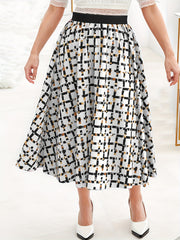 Women's Plus Grid Geometric Print High Waist A line Skirt