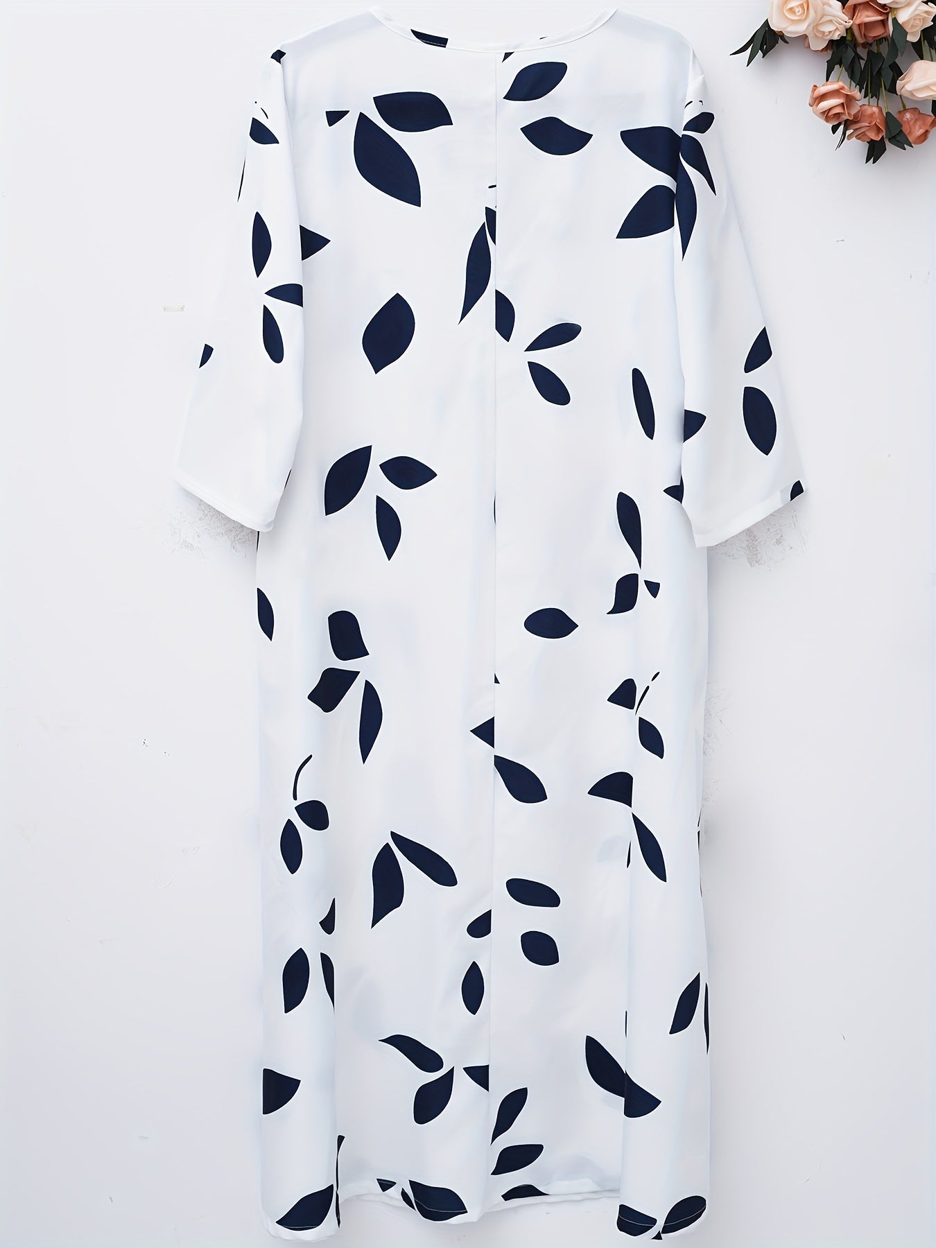 Leaf Print Three Quarter Sleeve Loose Fit Dress