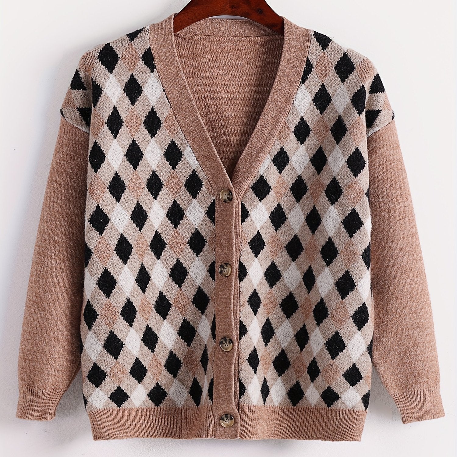 Colorblock Check Print Button Up V Neck Sweater Cardigan