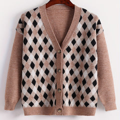 Colorblock Check Print Button Up V Neck Sweater Cardigan