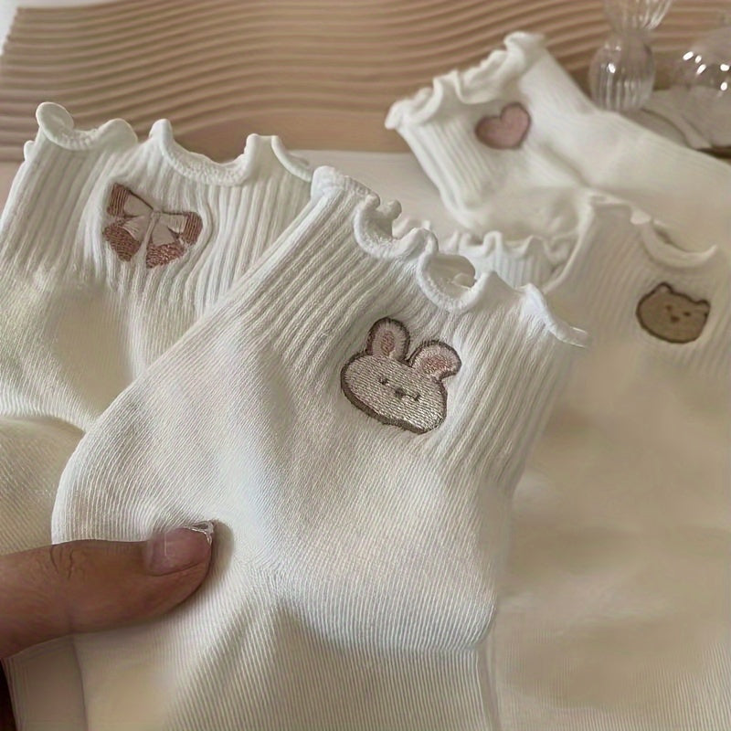 Teenager's Cartoon Animals Knitted Crew Socks, 5 Pairs