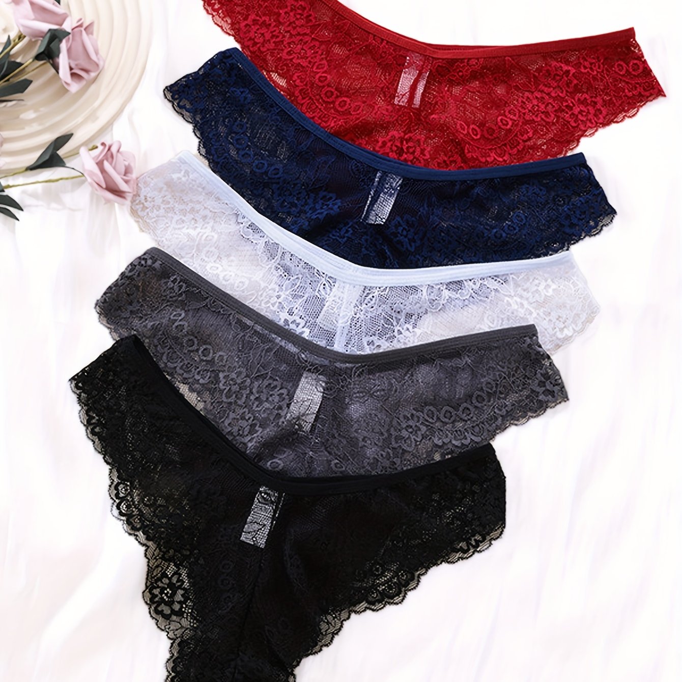 5pcs Floral Lace Panties Soft & Comfy Low Waist Stretchy Panties
