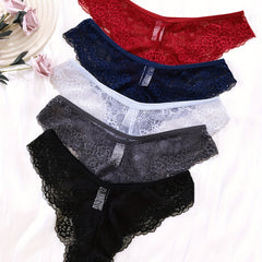 5pcs Floral Lace Panties Soft & Comfy Low Waist Stretchy Panties