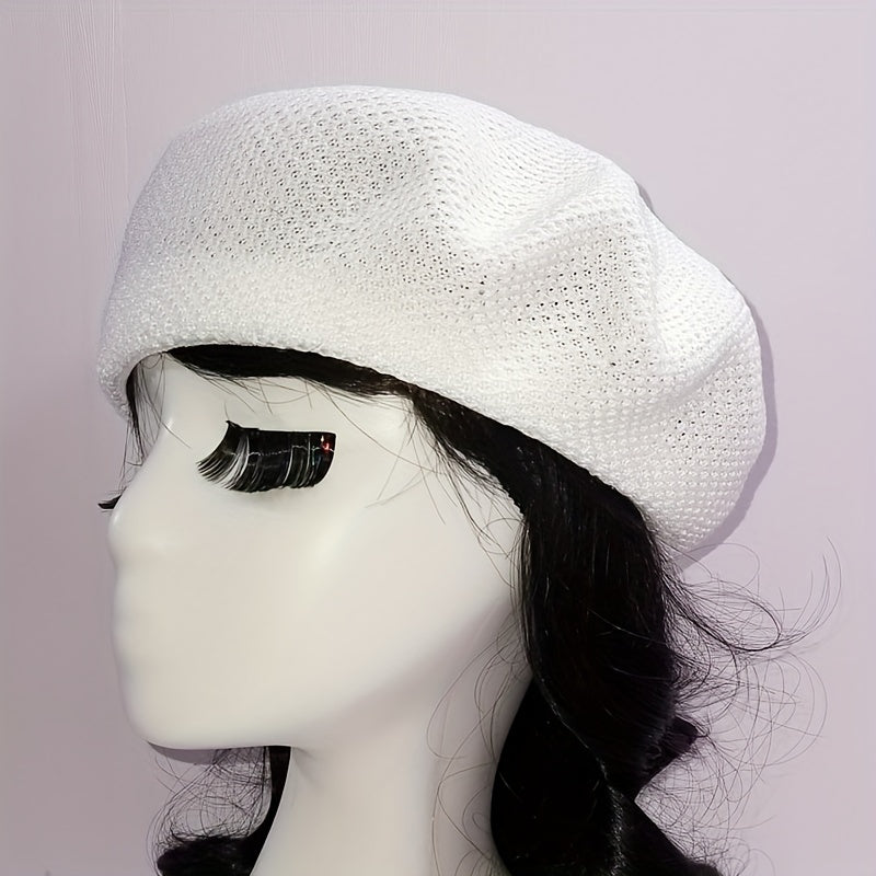 Casual Crochet Beret Solid Mesh Breathable Beanie Octagonal Hat Vintage
