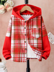 Girls' Classic Hooded Plaid Jacket Long Sleeve Button Up Outwear