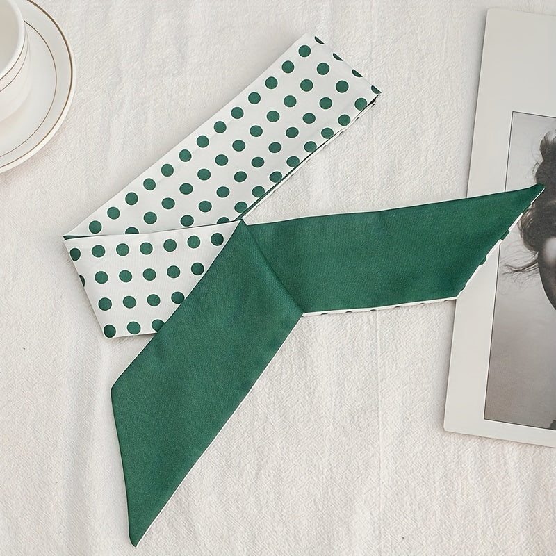 Green Dotted Print Skinny Scarf Hair Ribbon Neckerchief Satin Twilly Scarf