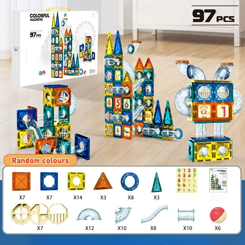 Magnetic Building Blocks Set with Pipe and Ball Track DIY Construction Toy