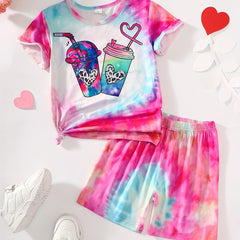 Girls' Pink Tie Dye Shorts Suit Drinks Pattern Short Sleeve T Shirt & Shorts Set