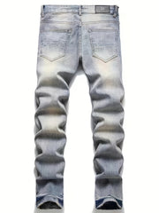 Embroidery Star Pattern Letter Print Slim Fit Ripped Jeans Men's