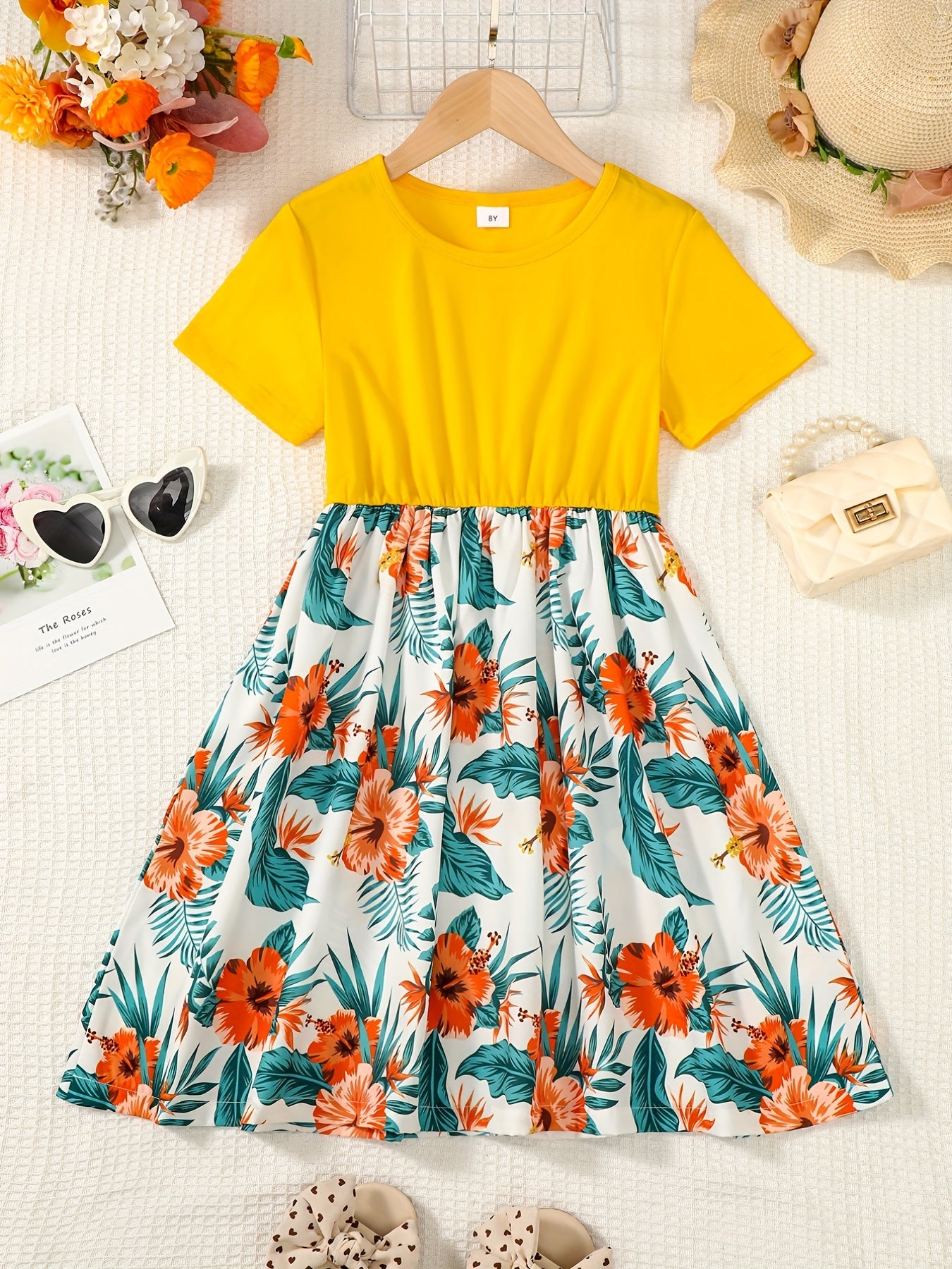 Girls Floral Splicing Casual Dress Summer Party Clothes