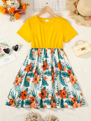 Girls Floral Splicing Casual Dress Summer Party Clothes