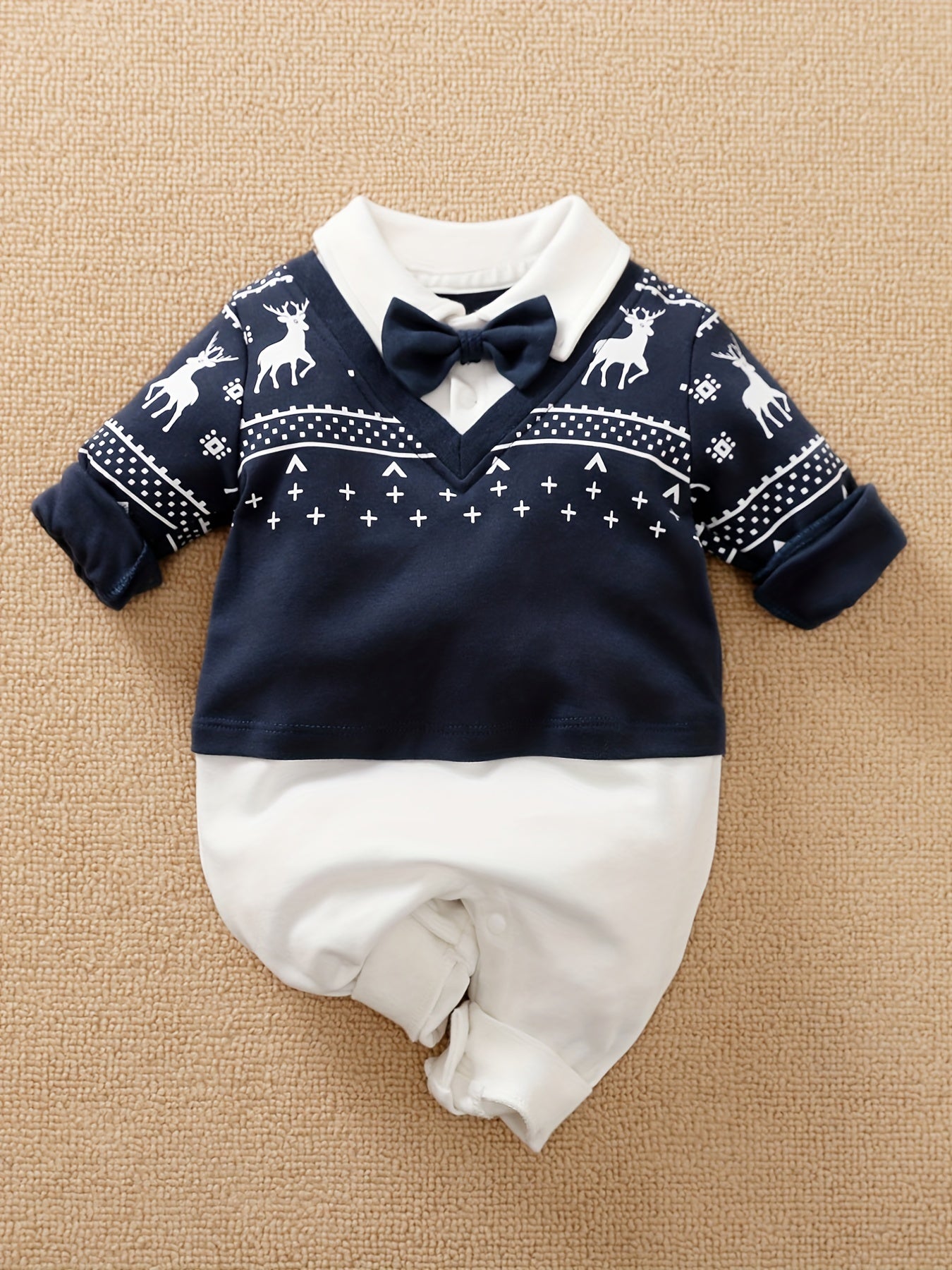 Cotton Bow Tie Baby Romper Fawn Print Boys Bodysuit