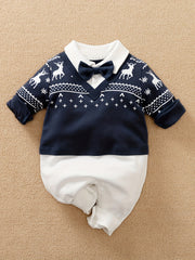 Cotton Bow Tie Baby Romper Fawn Print Boys Bodysuit