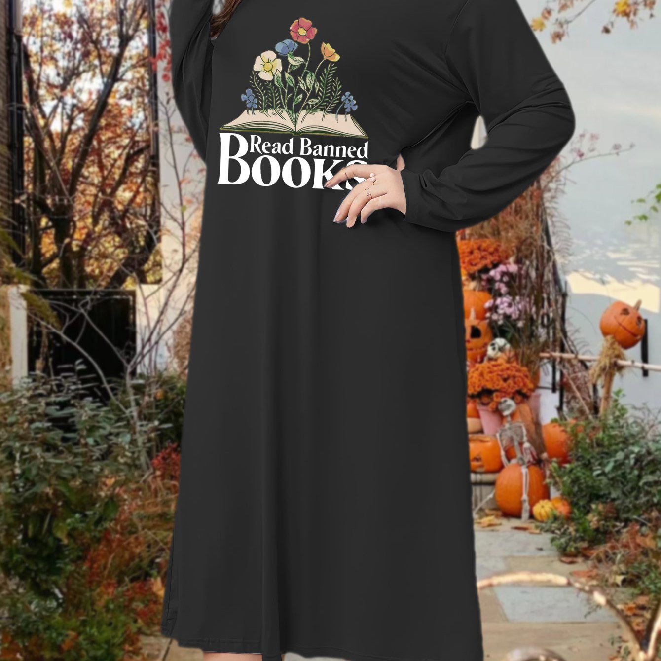 Floral & Letter Print Long Sleeve Sleep Dress