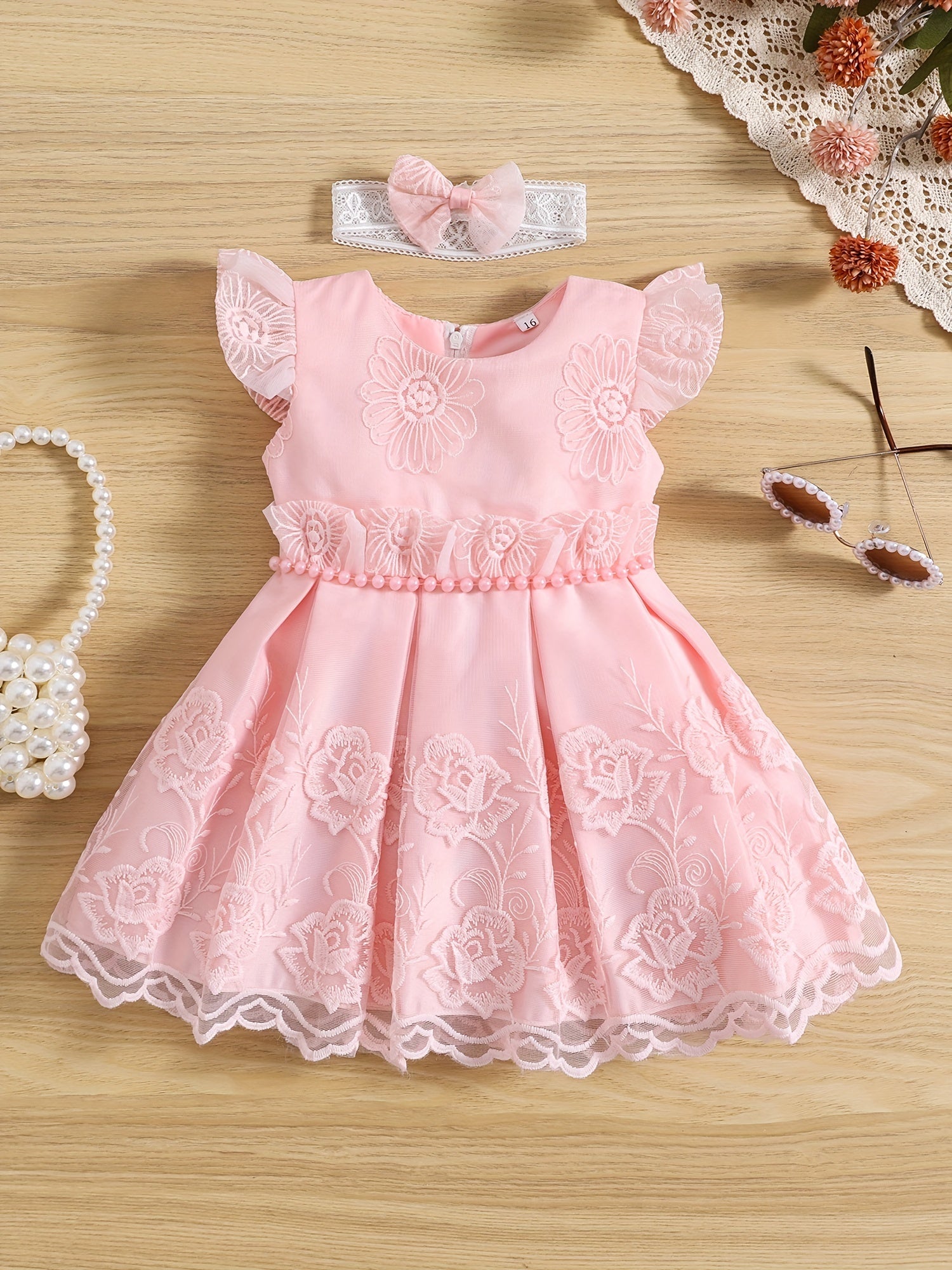 2pcs Baby Girls Embroidered Flowers Ruffled Sleeves Mesh Dress Princess Dresses