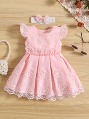 2pcs Baby Girls Embroidered Flowers Ruffled Sleeves Mesh Dress Princess Dresses