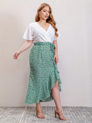 Colorblock Floral Ruffle Sleeve Dress