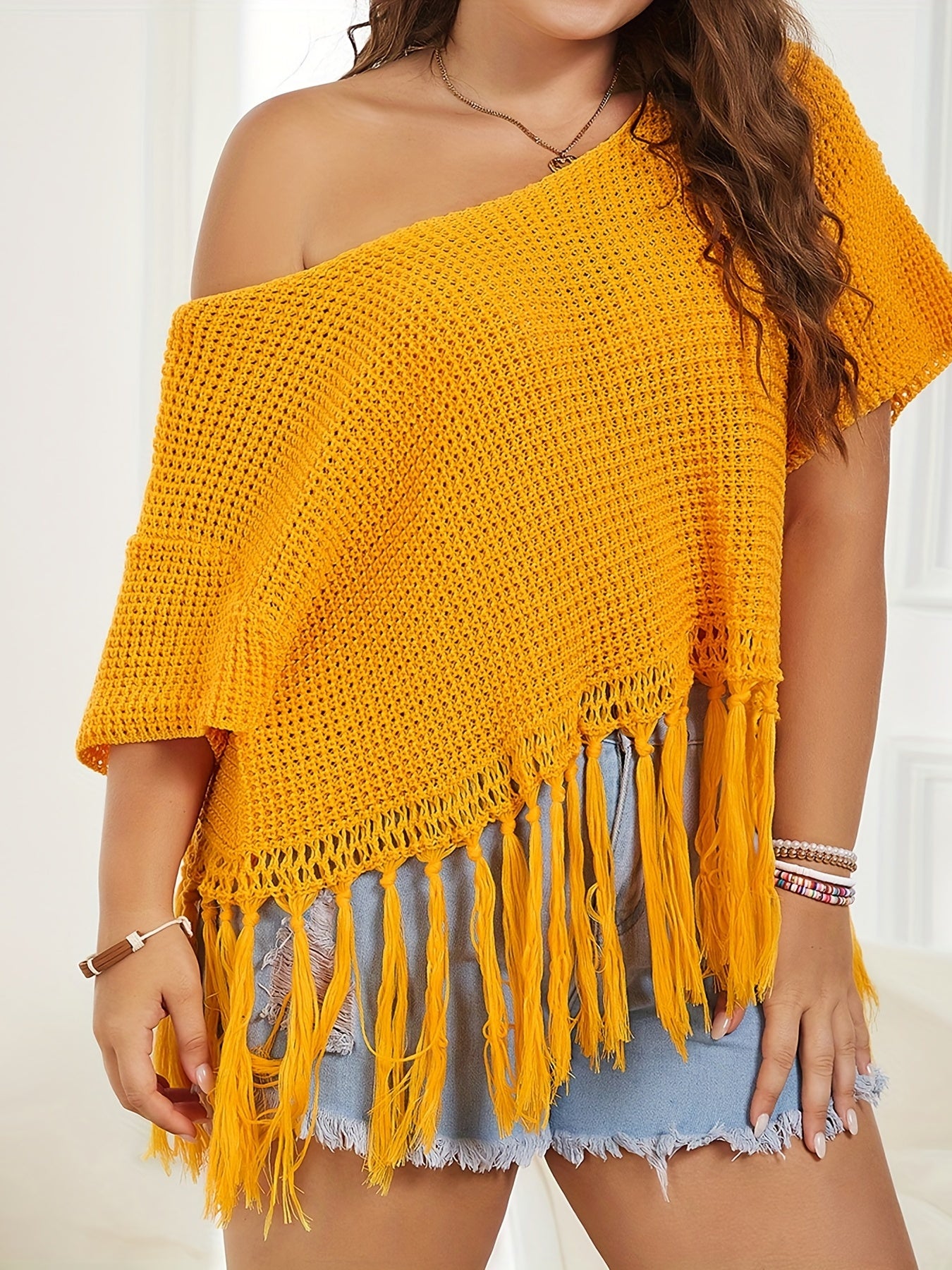 Vacay Sweater Women's Plus Solid Waffle Crochet Tassel Trim Crop Top