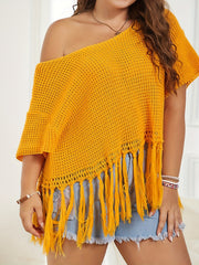 Vacay Sweater Women's Plus Solid Waffle Crochet Tassel Trim Crop Top