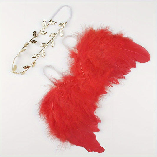 Angel Feather & Leaves Headband Set for Newborn Photos in Red