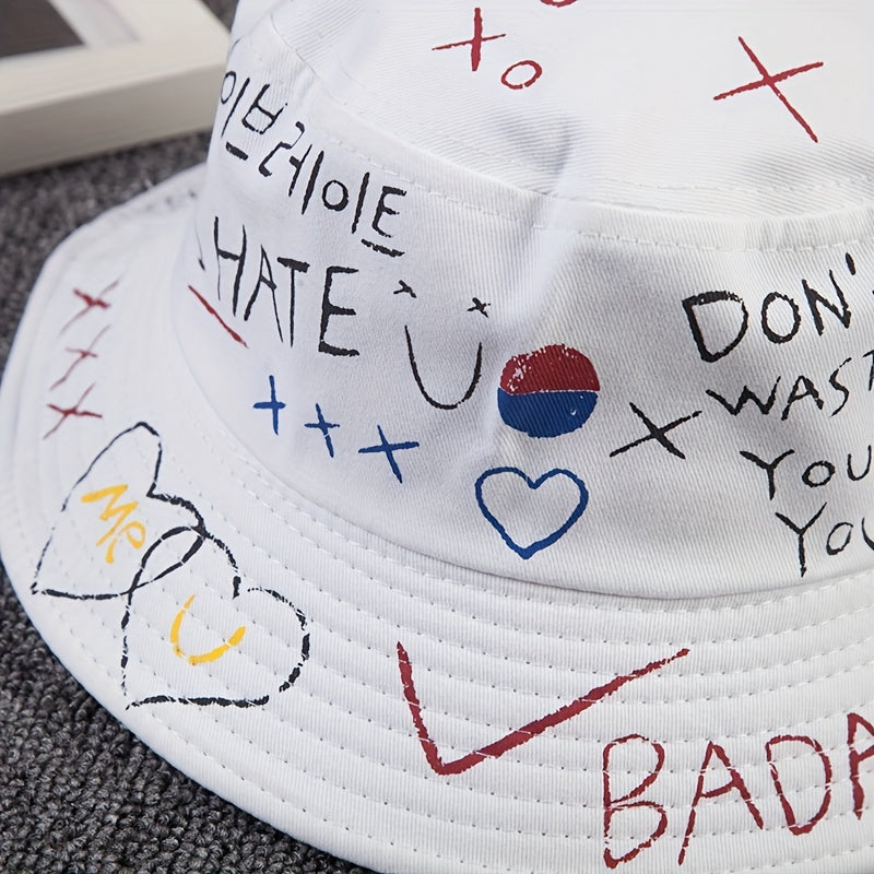 Hip Hop Graffiti Bucket Hat Short Brim Printed Basin Hat Unisex Couple