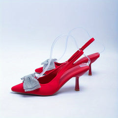 Rhinestone Bow High Heel Sandals Pointed Toe Slingback Stiletto Dress Pumps