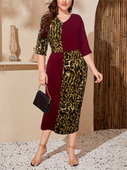 Leopard Print Splicing Dress 3 4 Sleeve Split Dress Women's Clothing