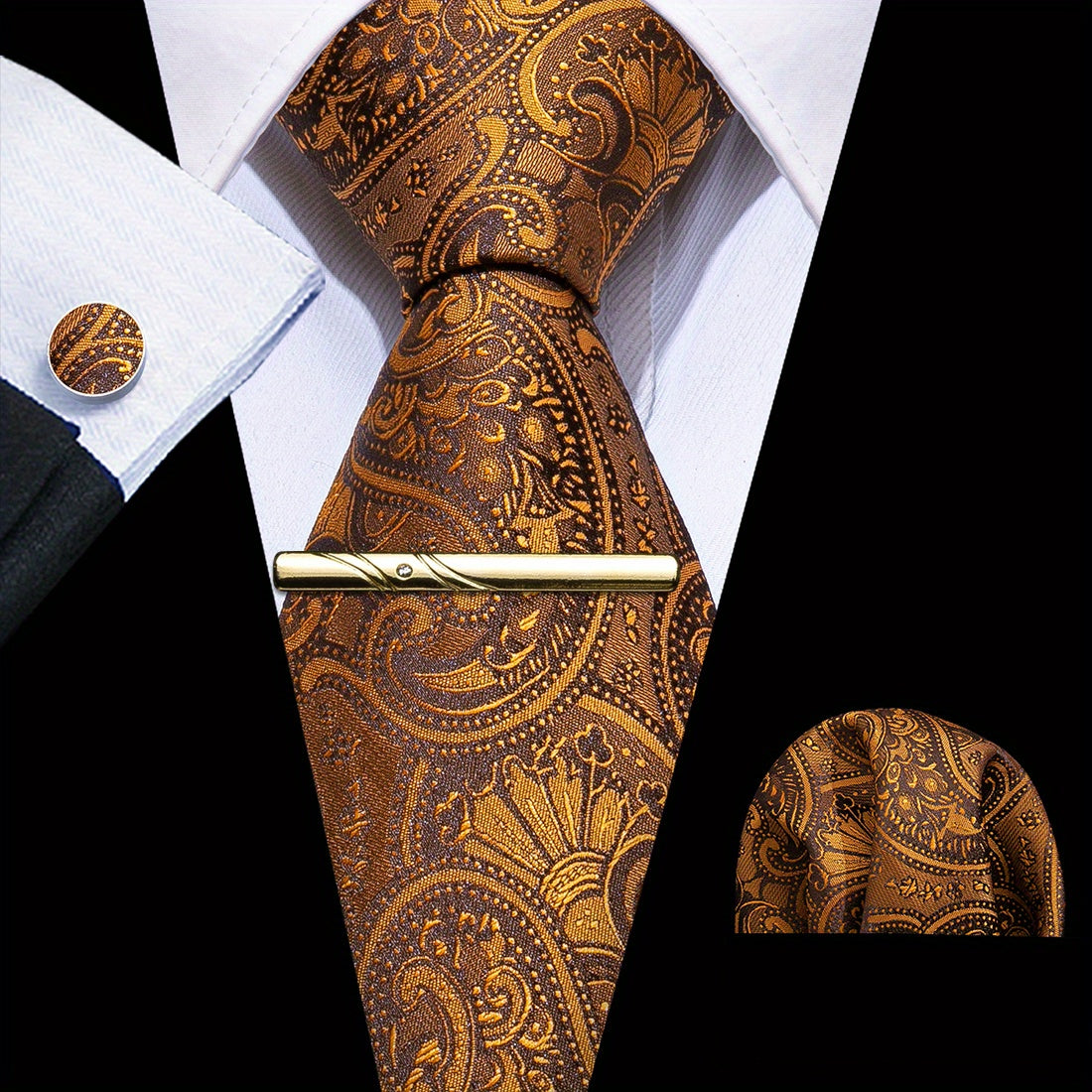 Black&Gold Silk Floral Paisley Necktie Set
