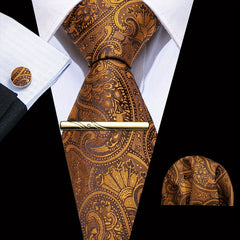 Black&Gold Silk Floral Paisley Necktie Set